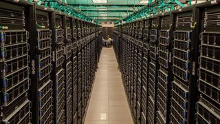 Rows of servers belonging to the Frontera supercomputer at the Texas Advanced Computing Center. 
