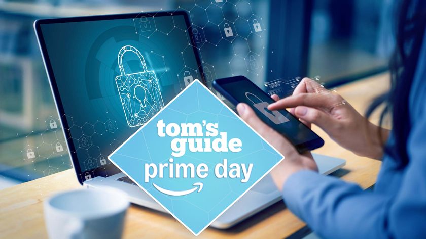 A woman securing her phone and laptop with antivirus software with a Tom&#039;s Guide Prime Day deals badge