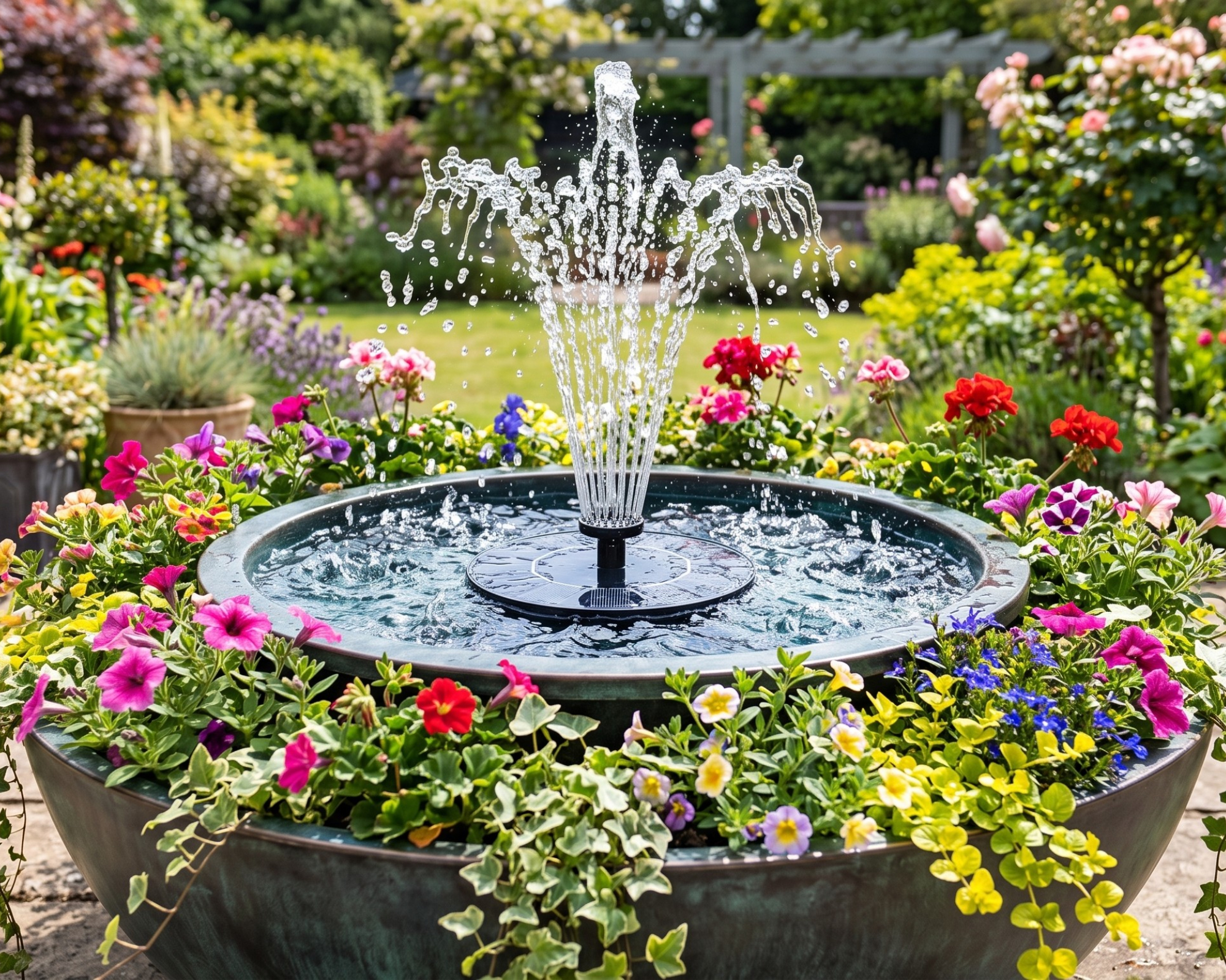 water feature planter made with a floating solar fountain in a summer garden