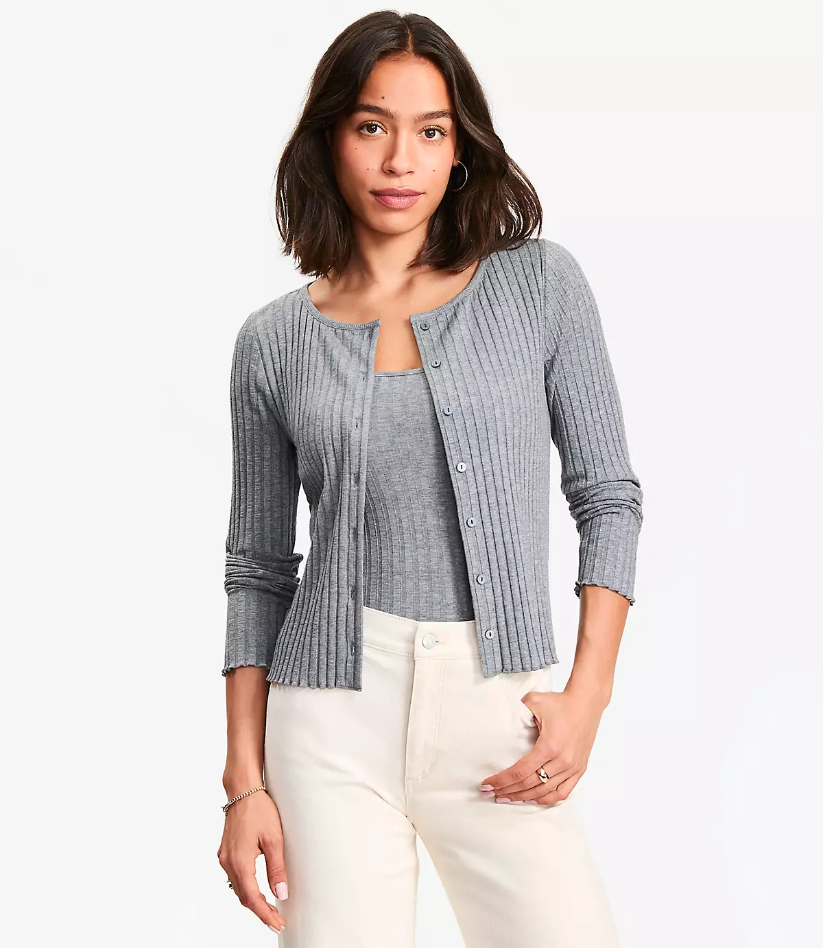 loft, Heathered Ruffle Ribbed Cardigan