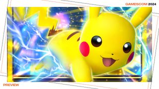 Pikachu EX card art from Pokemon TCG Pocket, surrounded by a Gamescom 2024 preview border.