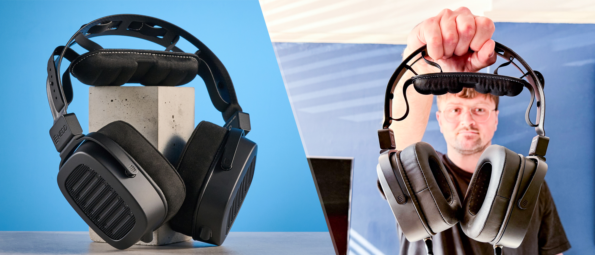 A split image showing the HEDDphone TW GT in a studio on the left, and in the hand of a person on the right.