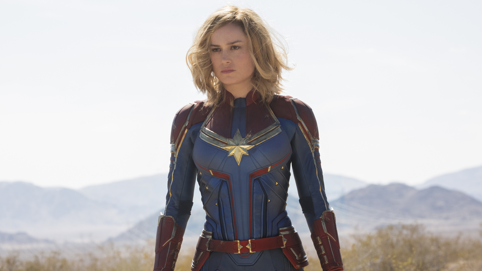Carol Danvers (Brie Larson) looks forward in Captain Marvel.