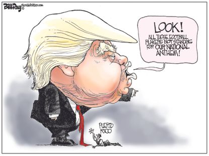 Political cartoon U.S. Trump NFL kneeling Puerto Rico hurricane Maria