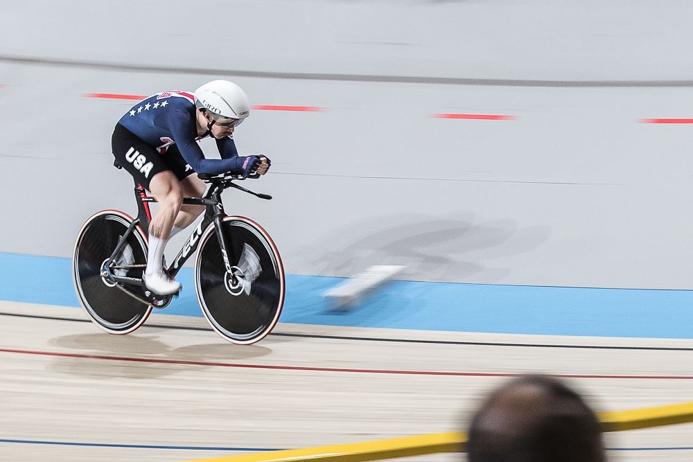Ashton Lambie competes on the track for USA Cycling
