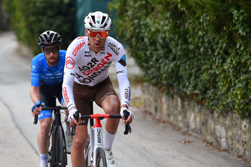 LA TURBIE FRANCE FEBRUARY 19 Lilian Calmejane of France and AG2R Citren Team competes in the breakaway during the 54th Tour Des Alpes Maritimes Et Du Var Stage 2 a 1491km stage from PugetThniers to La Turbie on February 19 2022 in La Turbie France Photo by Dario BelingheriGetty Images