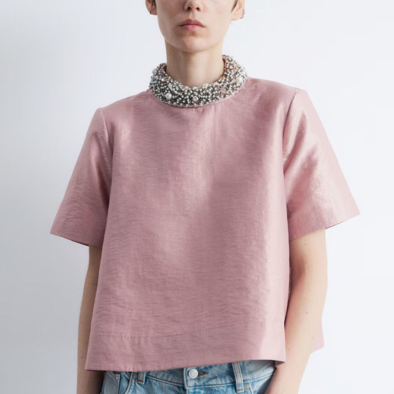 &Other Stories, Short-Sleeve Pearl-Embroidered Blouse