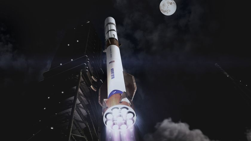 Artist&#039;s illustration of Blue Origin&#039;s planned New Glenn 9x4 super heavy lifter launching into space.