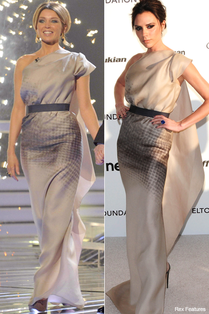 Who wore it best? Dannii Minogue vs. Victoria Beckham - style, snap, matching, same, dress, VB, posh, frock, stars, celebrities, wearing, x factor, Marie Claire
