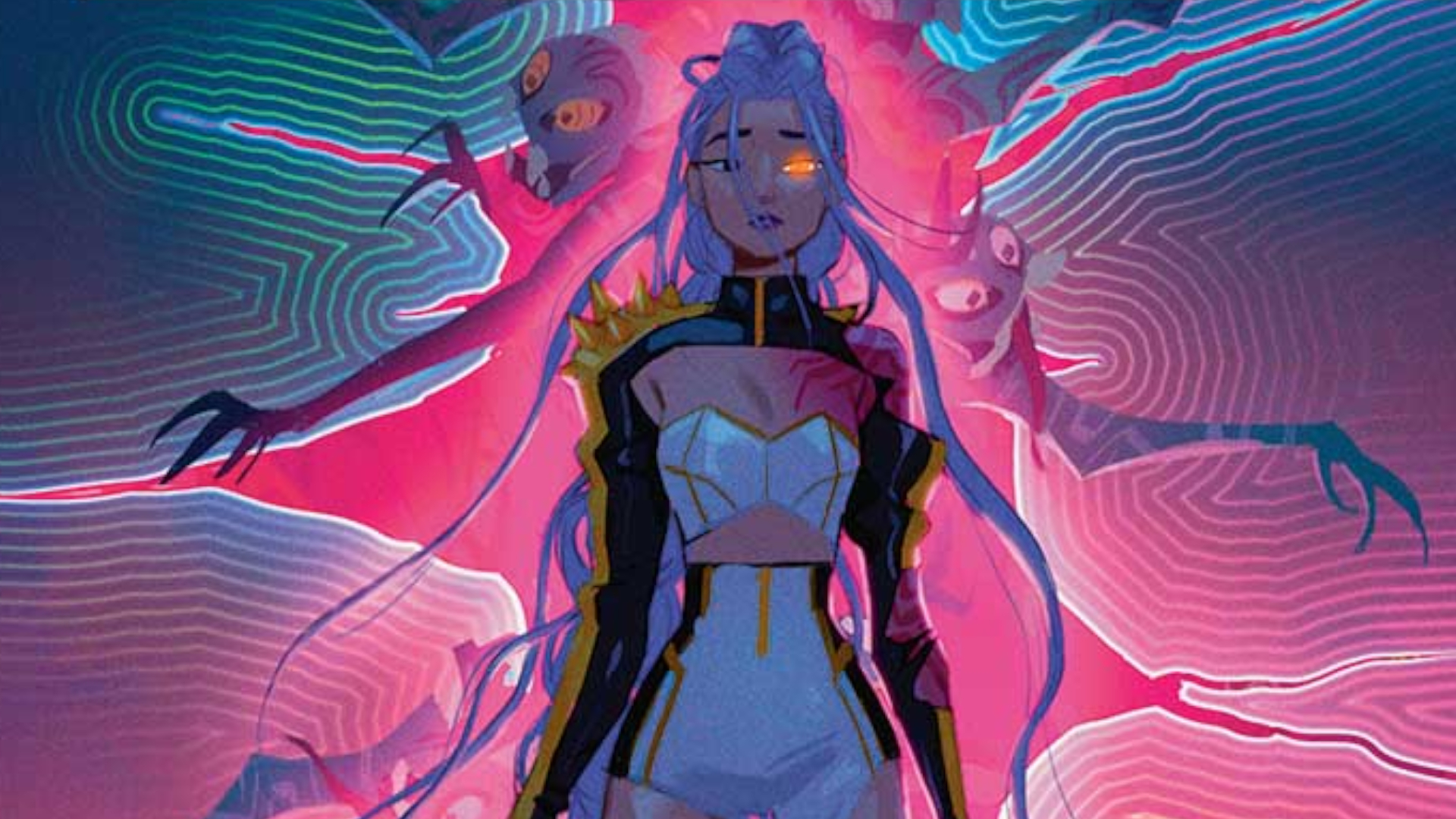 Rumi with a glowing eye and a broken web effect behind her, out of which climb demonic creatures in artwork from MTG KPop Demon Hunters