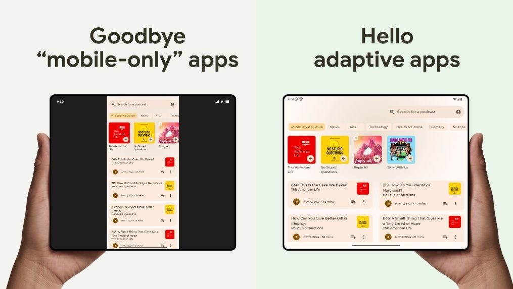 An example of "Adaptive Apps" in Android 16, which now completely fill the screen of devices with larger displays, like foldables.