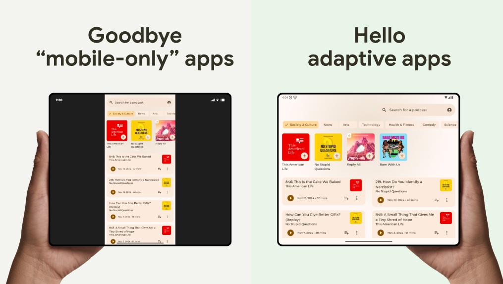 An example of "Adaptive Apps" in Android 16, which now completely fill the screen of devices with larger displays, like foldables.