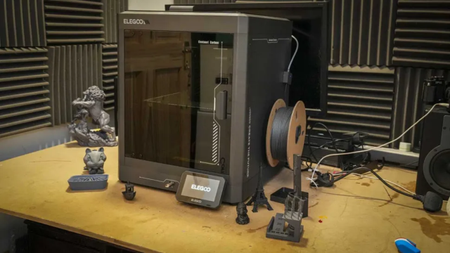 The Elegoo Centauri Carbon 3D printer during our review process