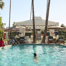 Woman swimming in pool with garden, palm trees, and blue sky in front of her