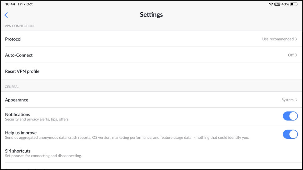 NordVPN iOS App Settings