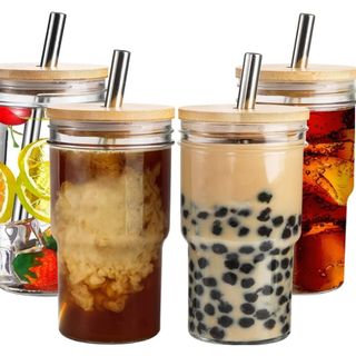 Amazon 4 Pcs Glass Cups with Bamboo Lids and Straws 