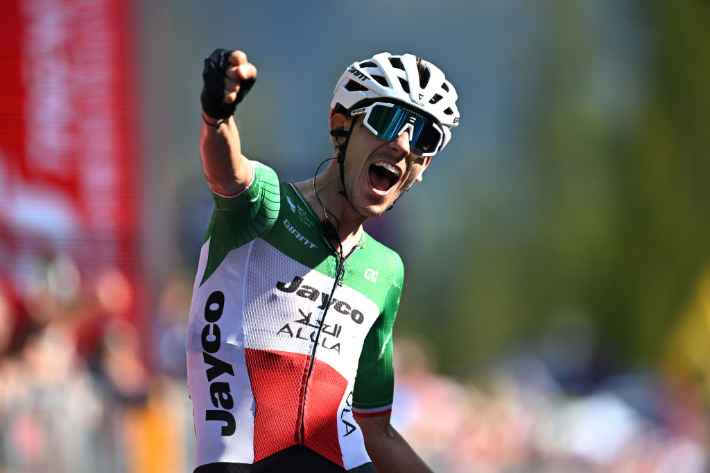 VAL DI ZOLDO PALAFAVERA ITALY MAY 25 Filippo Zana of Italy and Team Jayco AlUla celebrates at finish line as stage winner during the 106th Giro dItalia 2023 Stage 18 a 161km stage from Oderzo to Val di Zoldo Palafavera 1514m UCIWT on May 25 2023 in Val di Zoldo Palafavera Italy Photo by Stuart FranklinGetty Images