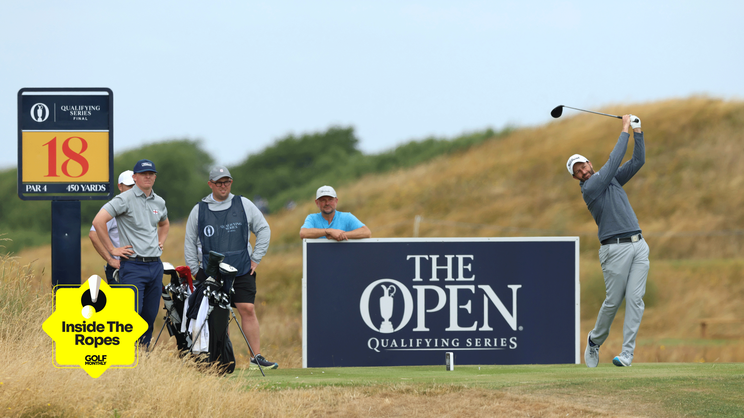 Jack Madden hits a drive during The Open Championship Final Qualifying at Burnham & Berrow in 2024