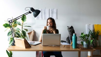 woman working from desk adorned with plants, working from home tips