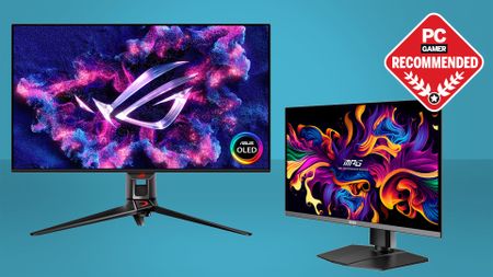 Two of the best OLED gaming monitors on a blue background with the PC Gamer Recommends badge.