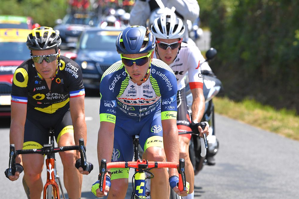 Tour de France stage 2 breakaway: Dion Smith of New Zealand and Team Wanty Groupe Gobert / Michael Gogl of Austria and Team Trek Segafredo / Sylvain Chavanel of France and Team Direct Energie