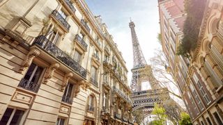 underneath view of Eiffel Tower in Paris