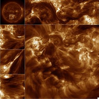 NASA's High-resolution Coronal Imager (Hi-C) capture over 50 16-Megapixel images of the 1.5 million-degree solar corona. The large image is the full frame image and the smaller images along the top and sides are sub fields of the image. The upper left corner image is from the Atmospheric Imaging Assembly on the Solar Dynamics Observatory and the box in this image shows the Hi-C field of view. Released Jan. 23, 2013.