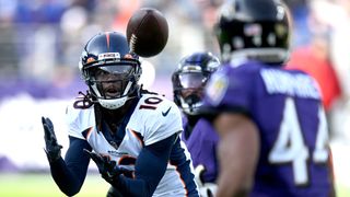 Jerry Jeudy #10 of the Denver Broncos makes a catch in the second quarter of a game against the Baltimore Ravens at M&T Bank Stadium on December 04, 2022 in Baltimore, Maryland.