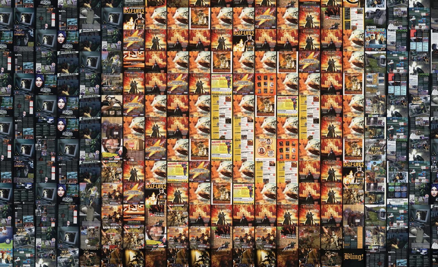 Photo mosaic made up of pages of PC Gamer magazine pages