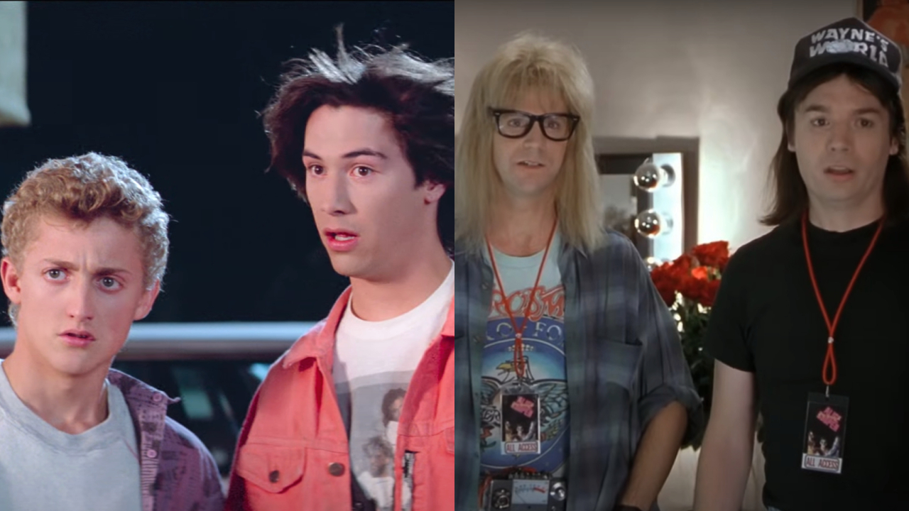Alex Winter and Keanu Reeves in Bill & Ted's Excellent Adventure and Dana Carvey and Mike Myers in Wayne's World