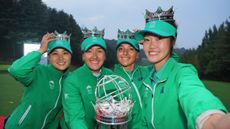 (L to R) Minjee Lee, Hannah Green, Stephanie Kyriacou and Grace Kim pose with their crowns and the International Crown trophy