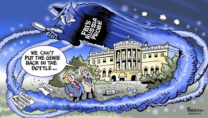 Political cartoon U.S. Russia probe Robert Mueller false allegations Trump election
