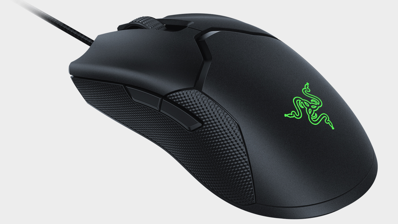 Image of the Razer Viper Ultimate gaming mouse on a grey background.