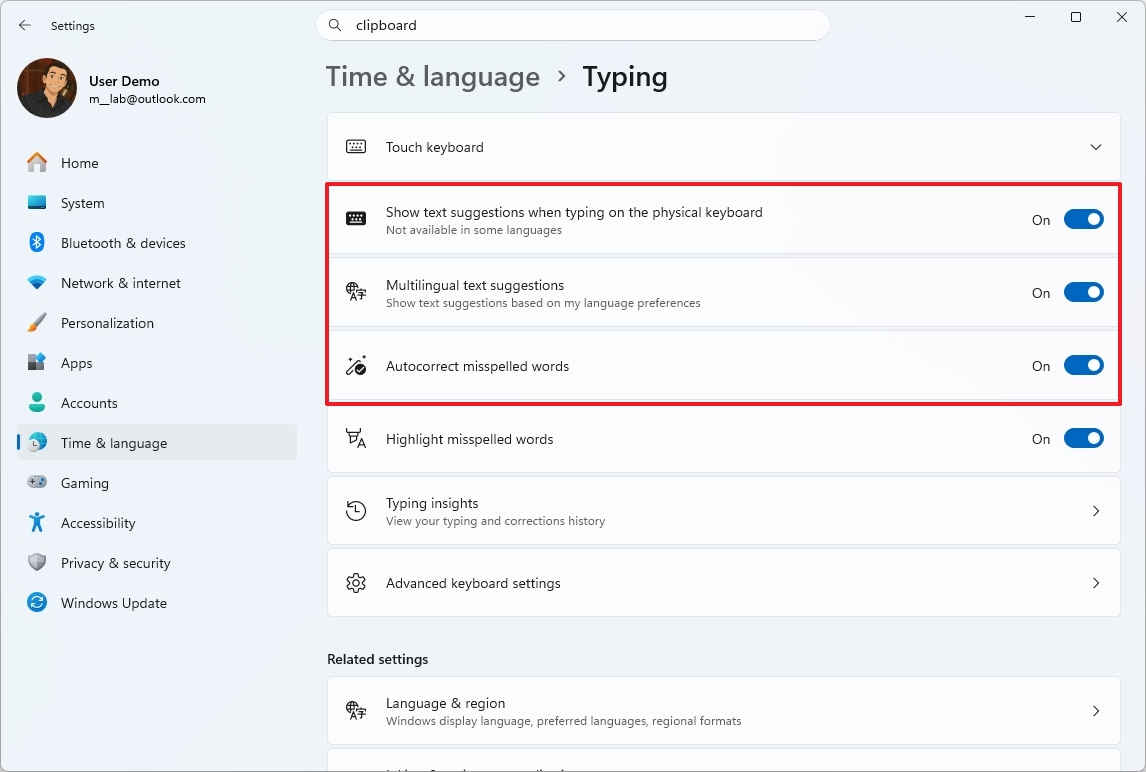 Typing settings on Windows 11