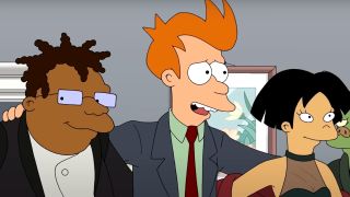 Hermes, Fry, and Amy stand smiling together, dressed for a formal occasion, in Futurama.