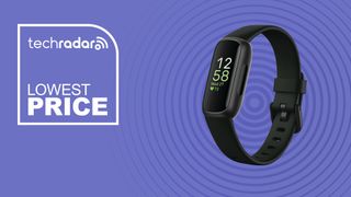 The Fitbit Inspire 3 on a purple background with text saying Lowest Price.