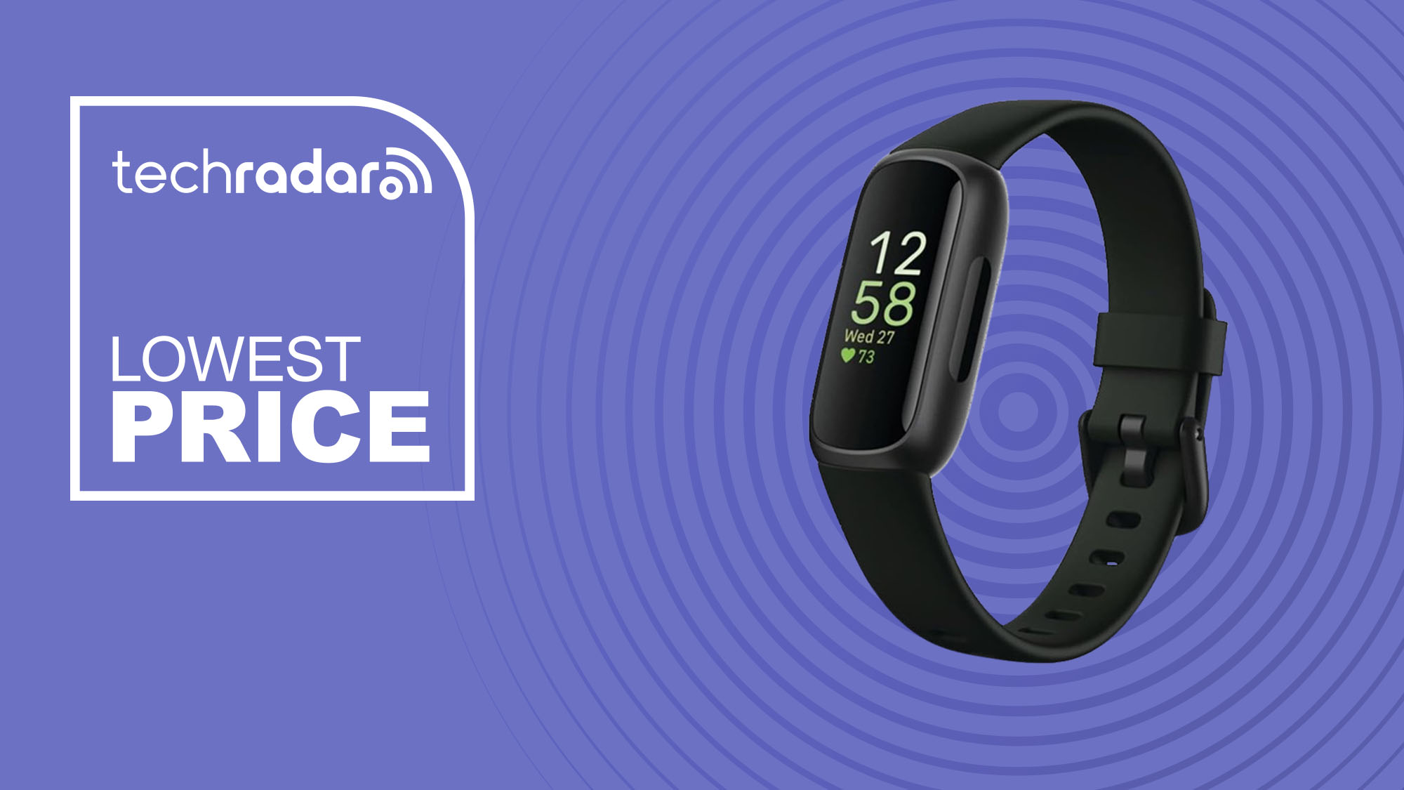 The Fitbit Inspire 3 on a purple background with text saying Lowest Price.