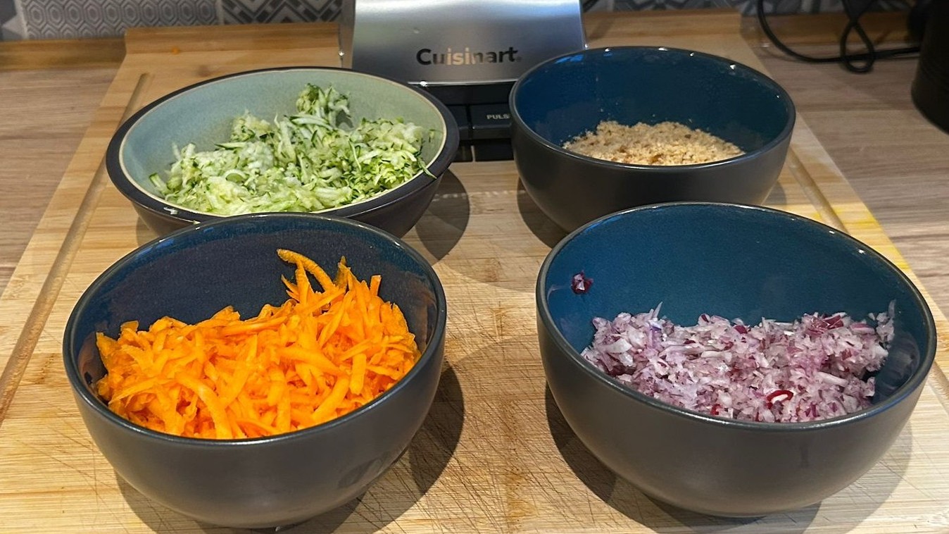 Breadcrumbs and vegetables chopped and shredded using Cuisinart Flexprep 1.1L food processor