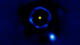 An image from time-lapse footage collected over 17 years of an exoplanet Beta Pictoris b orbiting its parent star