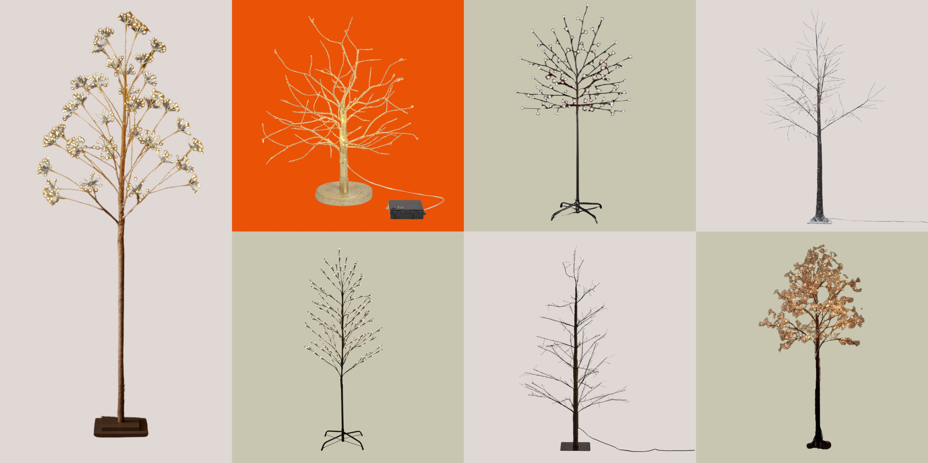 A pink and sage green checkerboard background with cut-outs of different twig-style Christmas trees.