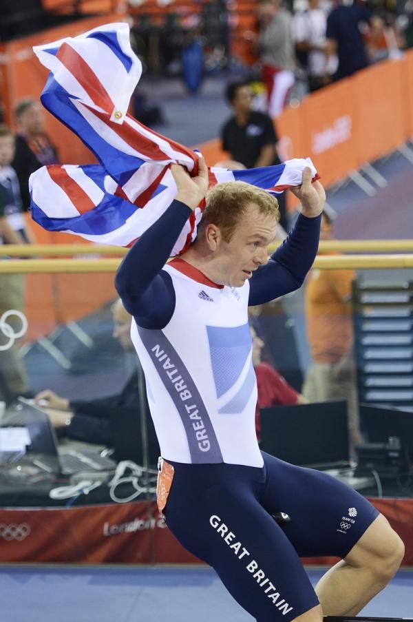 Chris Hoy (Great Britain) with the British flag