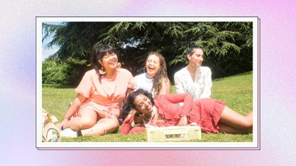 Four Young Women Hanging Out Outside - stock photo/ in a pink, purple, blue and cream textured gradient template