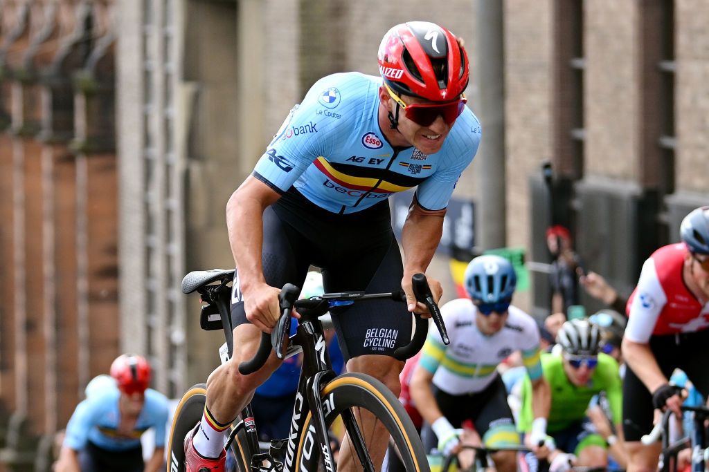 GLASGOW SCOTLAND AUGUST 06 Remco Evenepoel of Belgium attacksduring the 96th UCI Cycling World Championships Glasgow 2023 Men Elite Road Race a 2711km one day race from Edinburgh to Glasgow UCIWT on August 06 2023 in Glasgow Scotland Photo by Dario BelingheriGetty Images