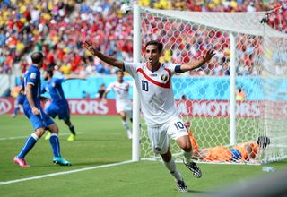 Costa Rica's Bryan Ruiz celebrates a goal against Italy at the 2014 World Cup.