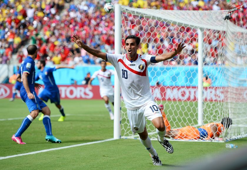 Costa Rica&#039;s Bryan Ruiz celebrates a goal against Italy at the 2014 World Cup.