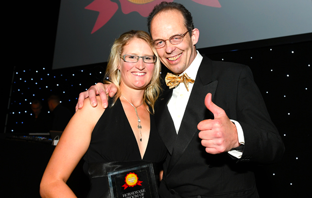 Jane Felton and Jonty Evans winner of the Groom of the Year Award with Jonty Evans at the Horse and Hounds awards evening held at Cheltenham Racecourse in Gloucestershire in the UK on the 8th November 2018