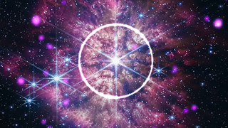 A purplish hazy structure in space with cloud-like features. A white circle in the center of the screen.