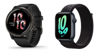 Product shots of the Garmin Venu 2 and Apple Watch Series 7