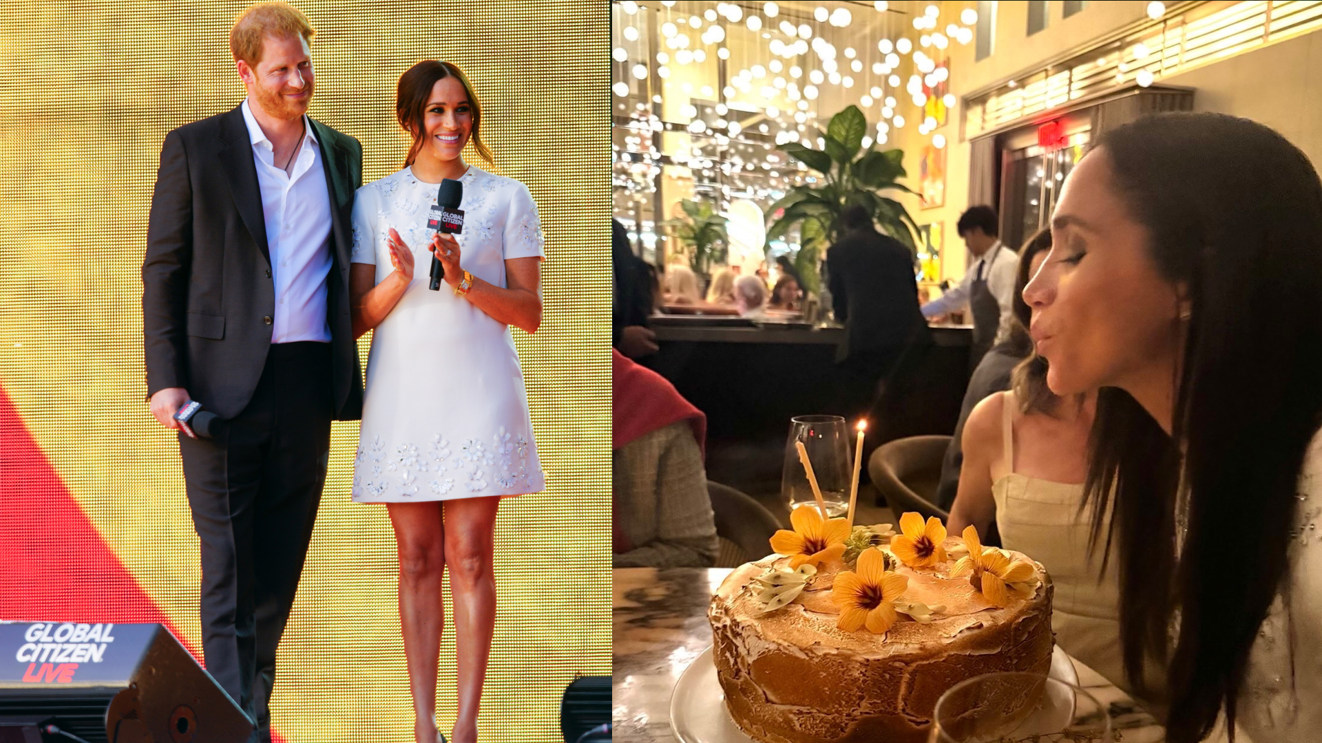 Meghan Markle wearing a white dress and Prince Harry in a suit standing on stage holding a mic; Meghan Markle sitting in a restaurant blowing out the candles on a cake