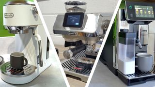 Split image of three De'Longhi coffee machines